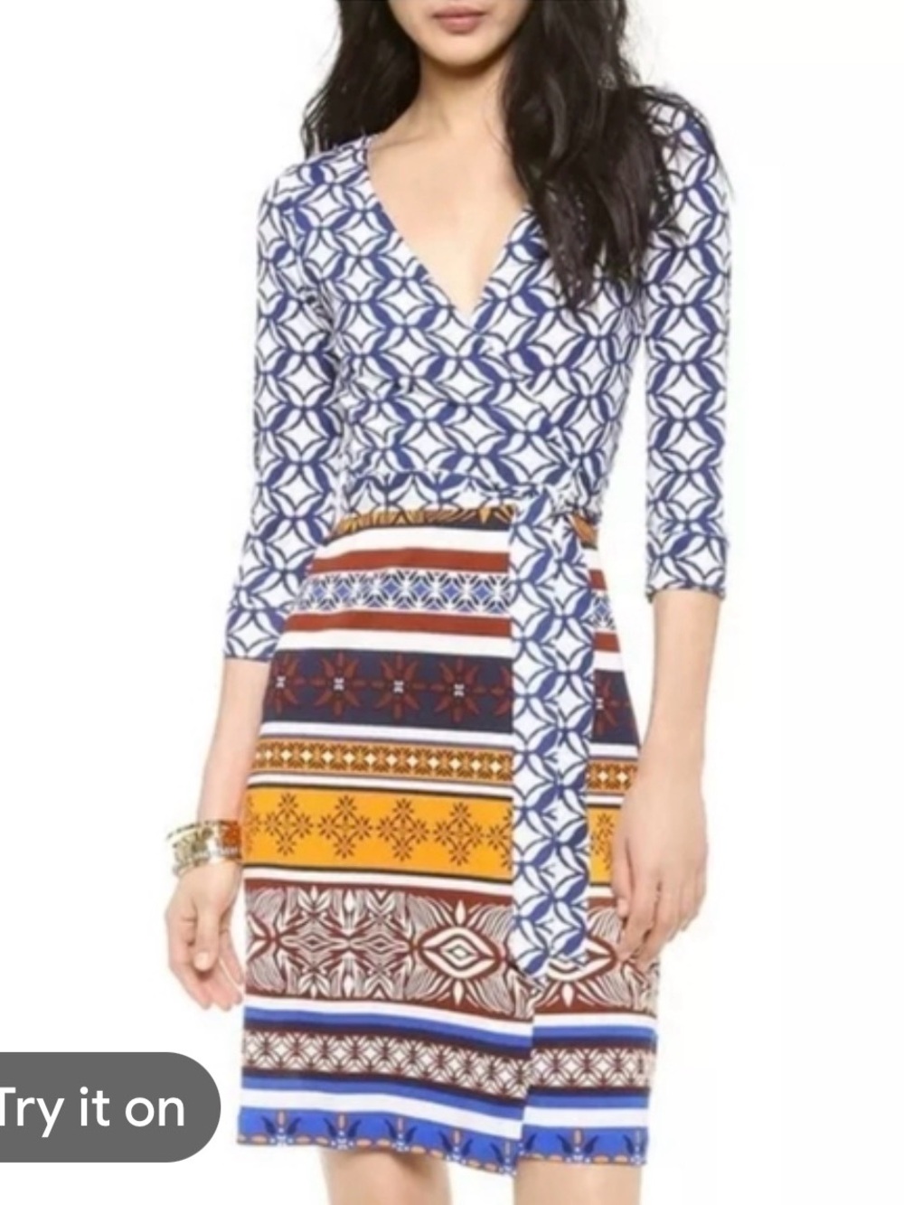 Diane Von Furstenburg Printed Wrap-Style Midi Dress in Blue and Mustard
